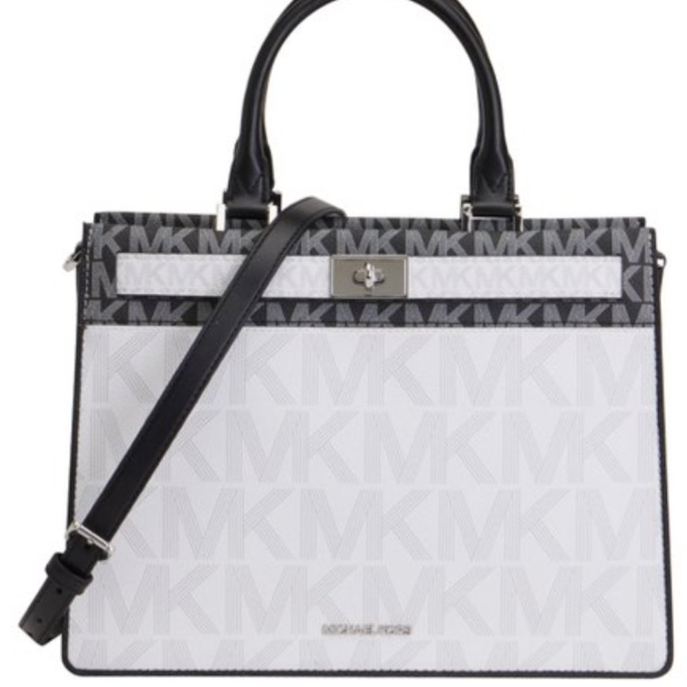 Bright white and black signature Tatiana large canvas satchel